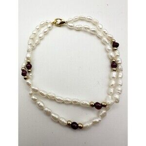 Vintage White Rice Pearls Garnet Beads Bracelet Double Strand 7.5”